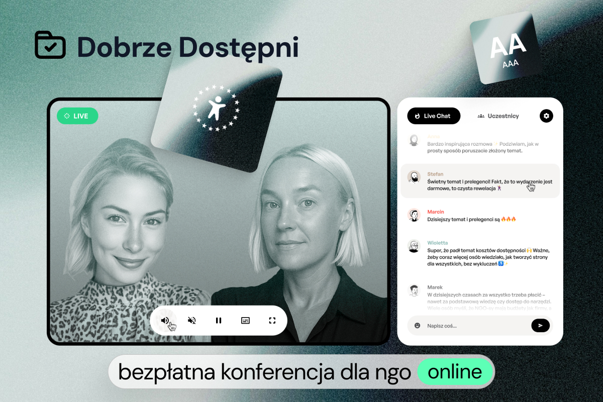 obraz przedstawia widok video-chatu. Tytuł konferencji: Dobrze dostępni. Informacja na dole: bezpłatna konferencja dla ngo online